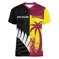 New Zealand and West Indies Cricket Custom Women V-Neck T-Shirt Black Cap Windies Together - Wonder Print Shop