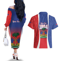 Personalized Haiti 1804 Couples Matching Off The Shoulder Long Sleeve Dress and Hawaiian Shirt Happy Ayiti Independence Day LT14