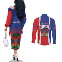 Personalized Haiti 1804 Couples Matching Off The Shoulder Long Sleeve Dress and Long Sleeve Button Shirt Happy Ayiti Independence Day LT14
