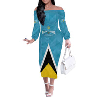 Custom Saint Lucia Football Family Matching Off The Shoulder Long Sleeve Dress and Hawaiian Shirt Flag Style