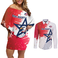 Custom United States Rugby Couples Matching Off Shoulder Short Dress and Long Sleeve Button Shirt 2024 Pacific Go Eagles - Wonder Print Shop
