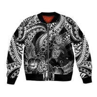 Personalised Polynesian Bomber Jacket Tribal Honu Turtle with Hibiscus White Version - Wonder Print Shop