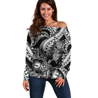 Personalised Polynesian Off Shoulder Sweater Tribal Honu Turtle with Hibiscus White Version - Wonder Print Shop