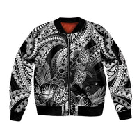 Personalised Polynesian Sleeve Zip Bomber Jacket Tribal Honu Turtle with Hibiscus White Version - Wonder Print Shop