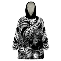 Personalised Polynesian Wearable Blanket Hoodie Tribal Honu Turtle with Hibiscus White Version - Wonder Print Shop