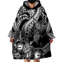 Personalised Polynesian Wearable Blanket Hoodie Tribal Honu Turtle with Hibiscus White Version - Wonder Print Shop
