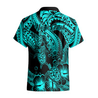 Personalised Polynesian Hawaiian Shirt Tribal Honu Turtle with Hibiscus Turquoise Version - Wonder Print Shop