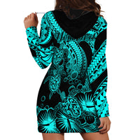 Personalised Polynesian Hoodie Dress Tribal Honu Turtle with Hibiscus Turquoise Version - Wonder Print Shop