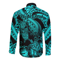 Personalised Polynesian Long Sleeve Button Shirt Tribal Honu Turtle with Hibiscus Turquoise Version - Wonder Print Shop