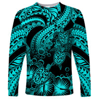 Personalised Polynesian Long Sleeve Shirt Tribal Honu Turtle with Hibiscus Turquoise Version - Wonder Print Shop