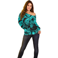 Personalised Polynesian Off Shoulder Sweater Tribal Honu Turtle with Hibiscus Turquoise Version - Wonder Print Shop