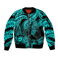 Personalised Polynesian Sleeve Zip Bomber Jacket Tribal Honu Turtle with Hibiscus Turquoise Version - Wonder Print Shop