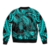 Personalised Polynesian Sleeve Zip Bomber Jacket Tribal Honu Turtle with Hibiscus Turquoise Version - Wonder Print Shop