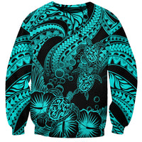 Personalised Polynesian Sweatshirt Tribal Honu Turtle with Hibiscus Turquoise Version - Wonder Print Shop