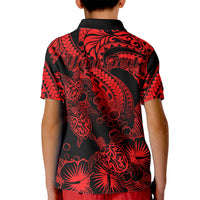 Custom Polynesian Polo Shirt for Kid Tribal Honu Turtle with Hibiscus Red Version - Wonder Print Shop