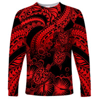 Personalised Polynesian Long Sleeve Shirt Tribal Honu Turtle with Hibiscus Red Version - Wonder Print Shop