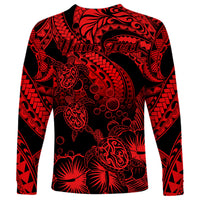 Personalised Polynesian Long Sleeve Shirt Tribal Honu Turtle with Hibiscus Red Version - Wonder Print Shop