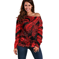 Personalised Polynesian Off Shoulder Sweater Tribal Honu Turtle with Hibiscus Red Version - Wonder Print Shop
