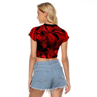 Personalised Polynesian Raglan Cropped T Shirt Tribal Honu Turtle with Hibiscus Red Version - Wonder Print Shop