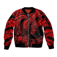 Personalised Polynesian Sleeve Zip Bomber Jacket Tribal Honu Turtle with Hibiscus Red Version - Wonder Print Shop