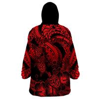 Personalised Polynesian Wearable Blanket Hoodie Tribal Honu Turtle with Hibiscus Red Version - Wonder Print Shop