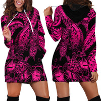 Personalised Polynesian Hoodie Dress Tribal Honu Turtle with Hibiscus Pink Version - Wonder Print Shop