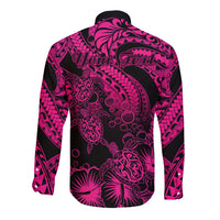 Personalised Polynesian Long Sleeve Button Shirt Tribal Honu Turtle with Hibiscus Pink Version - Wonder Print Shop