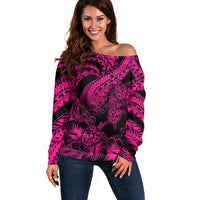 Personalised Polynesian Off Shoulder Sweater Tribal Honu Turtle with Hibiscus Pink Version - Wonder Print Shop