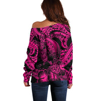 Personalised Polynesian Off Shoulder Sweater Tribal Honu Turtle with Hibiscus Pink Version - Wonder Print Shop
