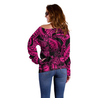 Personalised Polynesian Off Shoulder Sweater Tribal Honu Turtle with Hibiscus Pink Version - Wonder Print Shop