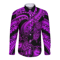 Personalised Polynesian Long Sleeve Button Shirt Tribal Honu Turtle with Hibiscus Purple Version - Wonder Print Shop
