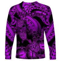Personalised Polynesian Long Sleeve Shirt Tribal Honu Turtle with Hibiscus Purple Version - Wonder Print Shop