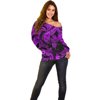 Personalised Polynesian Off Shoulder Sweater Tribal Honu Turtle with Hibiscus Purple Version - Wonder Print Shop