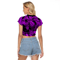 Personalised Polynesian Raglan Cropped T Shirt Tribal Honu Turtle with Hibiscus Purple Version - Wonder Print Shop