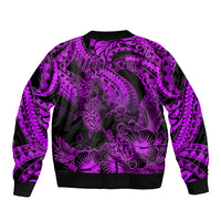 Personalised Polynesian Sleeve Zip Bomber Jacket Tribal Honu Turtle with Hibiscus Purple Version - Wonder Print Shop