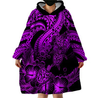 Personalised Polynesian Wearable Blanket Hoodie Tribal Honu Turtle with Hibiscus Purple Version - Wonder Print Shop