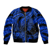 Personalised Polynesian Bomber Jacket Tribal Honu Turtle with Hibiscus Blue Version - Wonder Print Shop