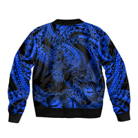 Personalised Polynesian Bomber Jacket Tribal Honu Turtle with Hibiscus Blue Version - Wonder Print Shop