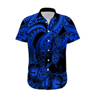 Personalised Polynesian Hawaiian Shirt Tribal Honu Turtle with Hibiscus Blue Version - Wonder Print Shop