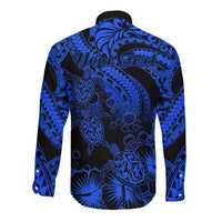 Personalised Polynesian Long Sleeve Button Shirt Tribal Honu Turtle with Hibiscus Blue Version - Wonder Print Shop