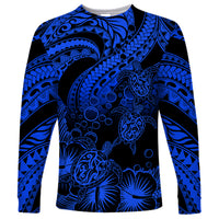 Personalised Polynesian Long Sleeve Shirt Tribal Honu Turtle with Hibiscus Blue Version - Wonder Print Shop