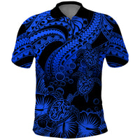 Custom Polynesian Polo Shirt Tribal Honu Turtle with Hibiscus Blue Version - Wonder Print Shop