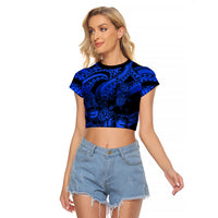 Personalised Polynesian Raglan Cropped T Shirt Tribal Honu Turtle with Hibiscus Blue Version - Wonder Print Shop