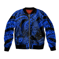 Personalised Polynesian Sleeve Zip Bomber Jacket Tribal Honu Turtle with Hibiscus Blue Version - Wonder Print Shop