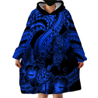 Personalised Polynesian Wearable Blanket Hoodie Tribal Honu Turtle with Hibiscus Blue Version - Wonder Print Shop