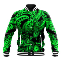 Personalised Polynesian Baseball Jacket Tribal Honu Turtle with Hibiscus Green Version - Wonder Print Shop