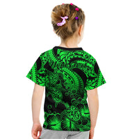 Personalised Polynesian Kid T Shirt Tribal Honu Turtle with Hibiscus Green Version - Wonder Print Shop