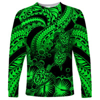 Personalised Polynesian Long Sleeve Shirt Tribal Honu Turtle with Hibiscus Green Version - Wonder Print Shop