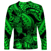 Personalised Polynesian Long Sleeve Shirt Tribal Honu Turtle with Hibiscus Green Version - Wonder Print Shop
