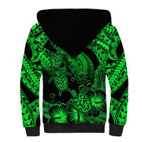 Personalised Polynesian Sherpa Hoodie Tribal Honu Turtle with Hibiscus Green Version - Wonder Print Shop